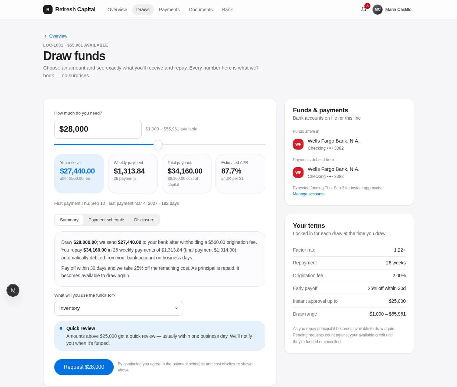 Draw request screen showing what you receive, the payment amount, total payback and estimated APR