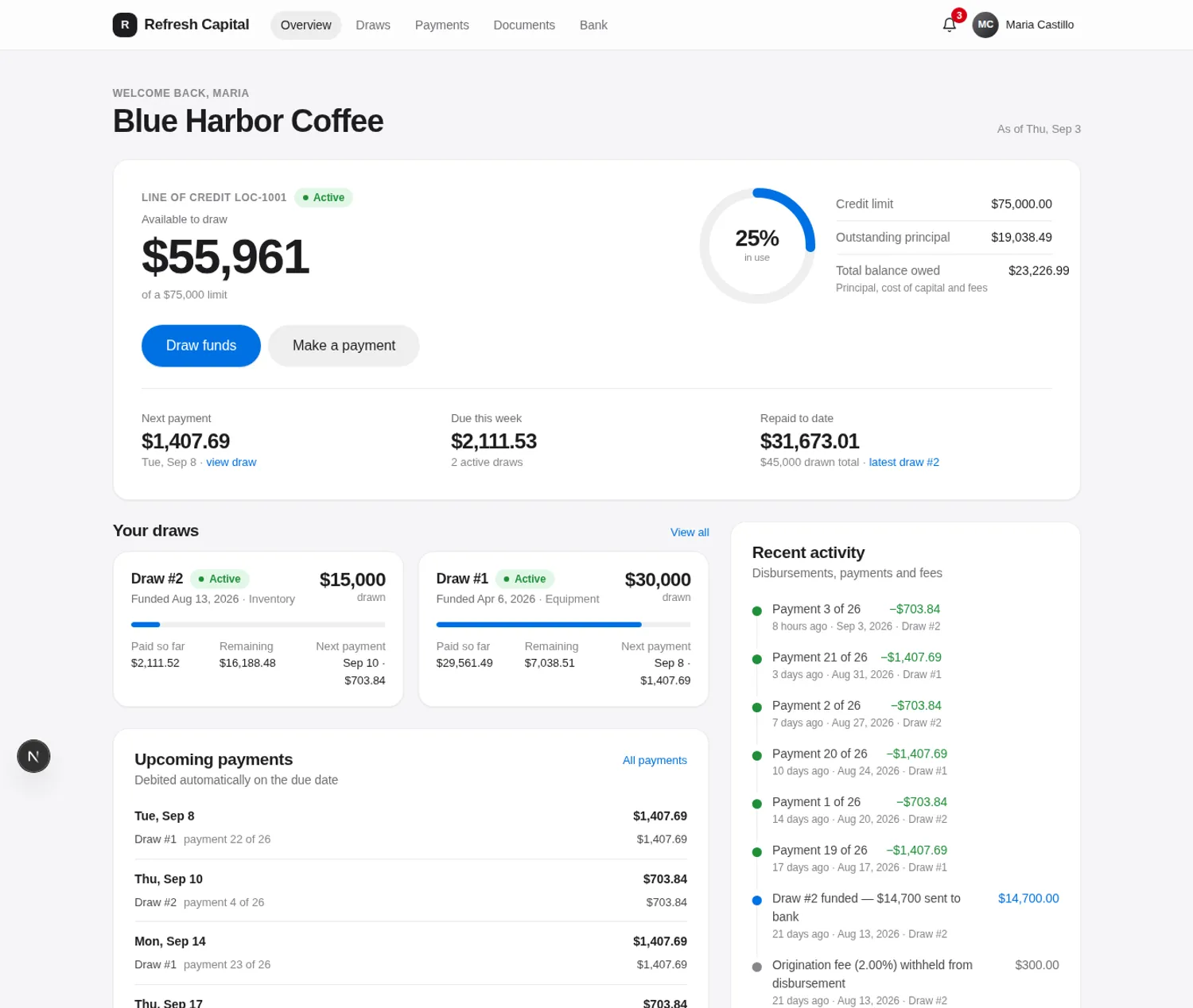 Merchant dashboard showing available credit, next payment and active draws